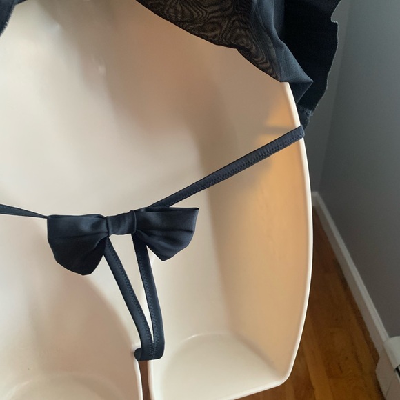 Myla black satin bow and mesh babydoll with matching thong. - Picture 5 of 12